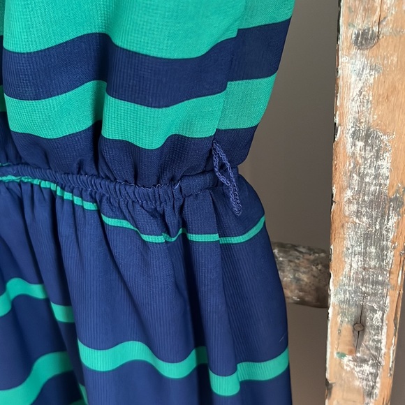 EUC! iZ Byer Blue Teal Hi-Low stripe dress with defined waist - Picture 4 of 12